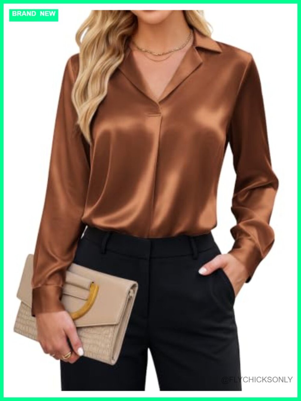 Satin Collared Long Sleeve Business Casual Blouse Relaxed Fit